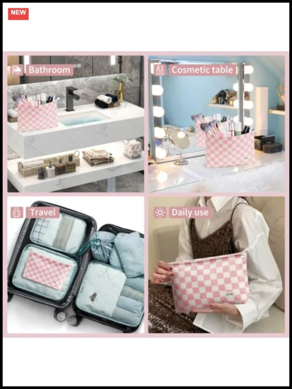 2pcs Checkered Corduroy Makeup Bag Set with Waterproof Lining, Travel Toiletry